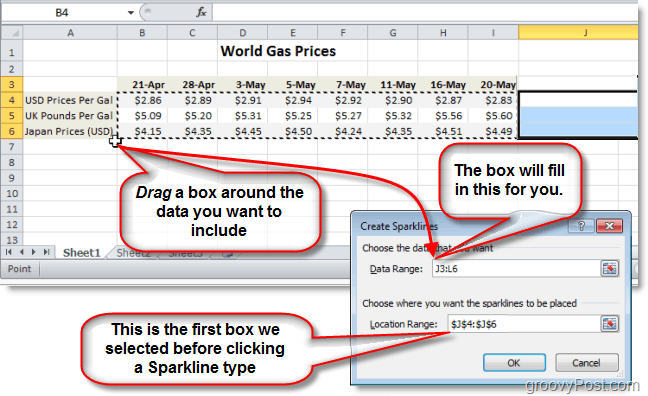 selectați intervalul de date pentru scânteia dvs. excel 2010