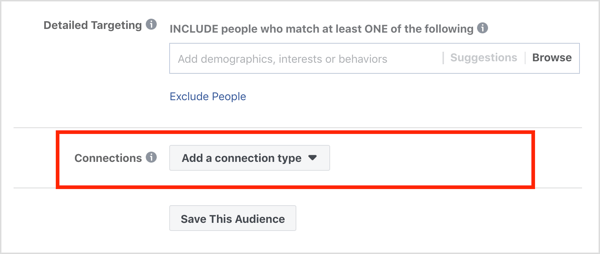 Secțiunea Conexiuni în secțiunea Publicuri din campania publicitară Facebook.