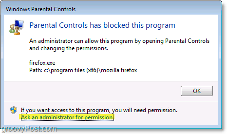 o fereastră pop-up va apărea în Windows 7 când o politică de control parental o blochează