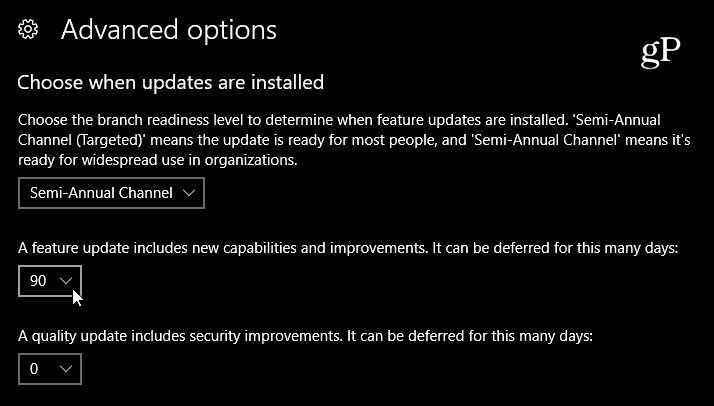 Selectați întârzierea Windows 10 de actualizare a caracteristicilor