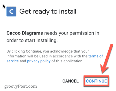Confirmarea instalării suplimentului Google Docs Cacoo