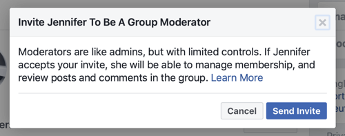 Cum să vă îmbunătățiți comunitatea de grup Facebook, exemplu al mesajului Facebook atunci când un membru este selectat ca moderator de grup