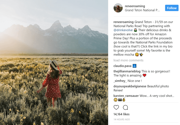 Influencerul Instagram Renee Hahnel împărtășește un link promoțional de reducere Drink Evolve în biografia sa.