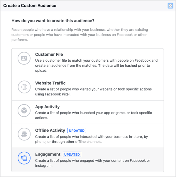 Selectați Angajament pentru a crea un public personalizat pe Facebook.