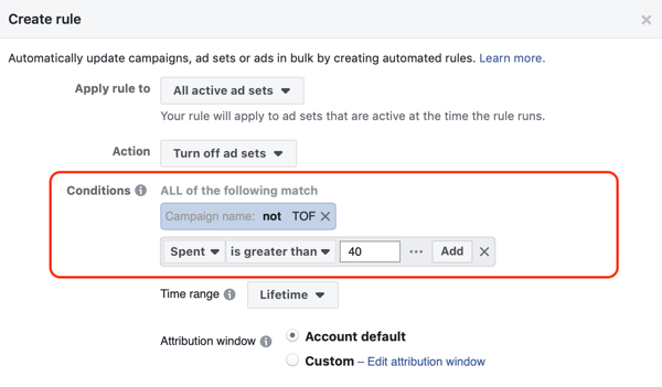 Utilizați regulile automatizate Facebook, opriți setul de anunțuri atunci când cheltuielile sunt de două ori cost și mai puțin de o achiziție, pasul 2, setările condițiilor