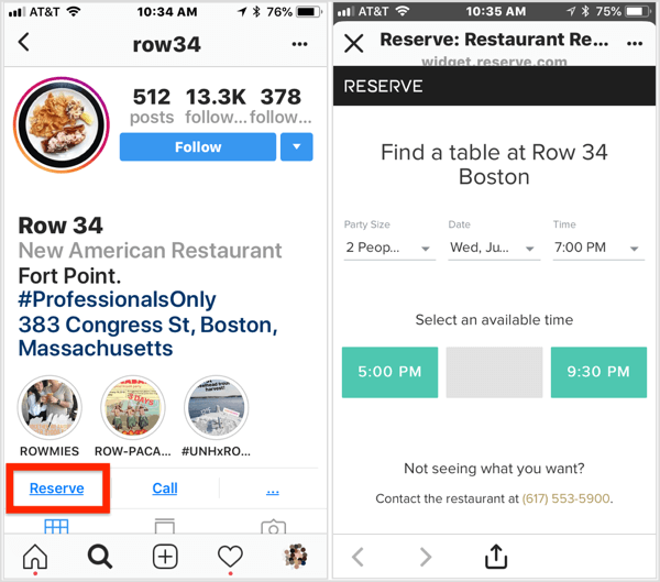 Faceți clic pe butonul de acțiune Rezervare din profilul de afaceri Instagram al acestui restaurant pentru a face o rezervare. 