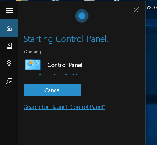 Windows 10 Cortana Panou de control deschis