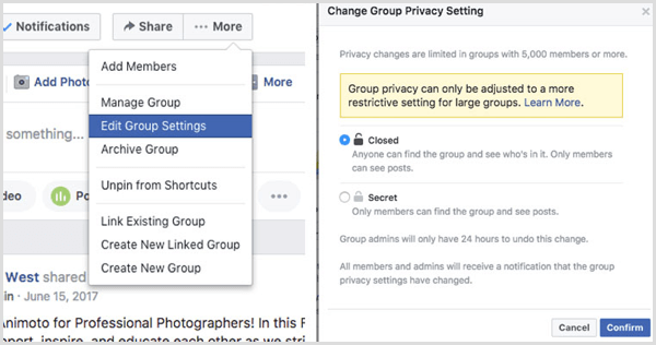 Setarea de confidențialitate a grupului Facebook schimbă