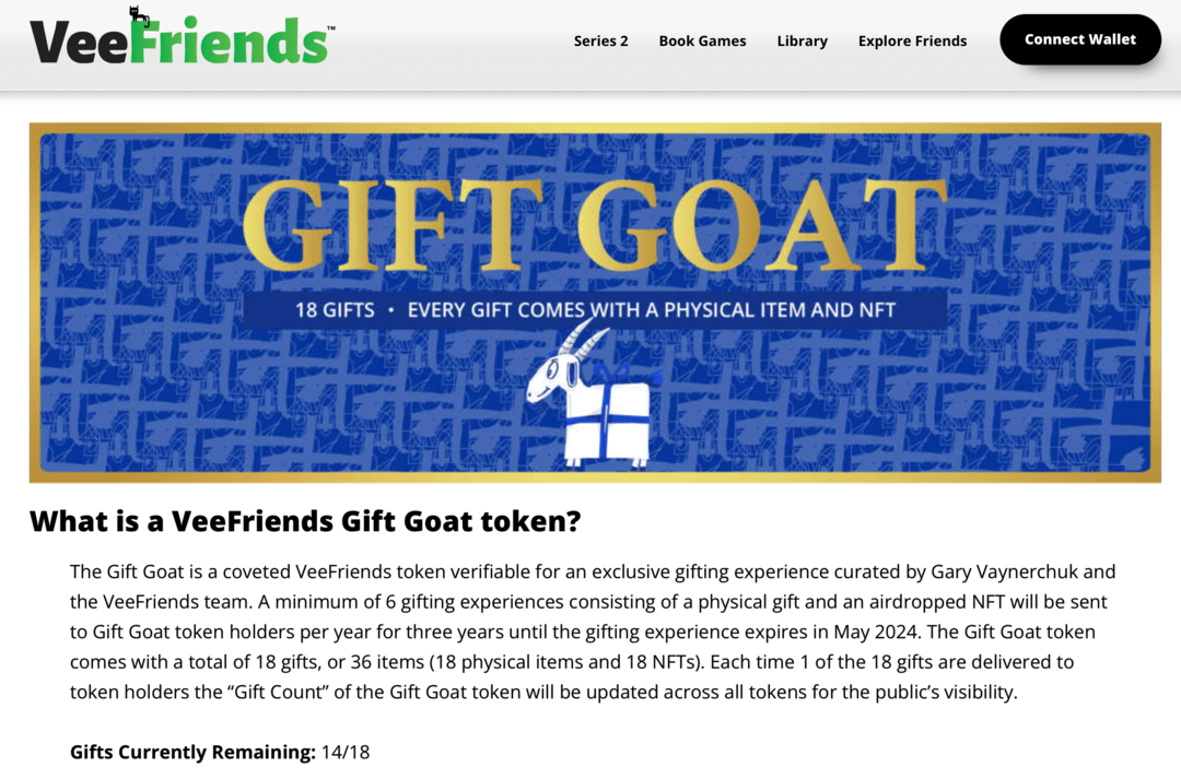 imagine a beneficiilor de jetoane VeeFriends Gift Goat pe site-ul web VeeFriends