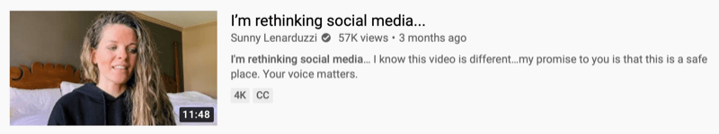 Exemplu video pe YouTube de @sunnylenarduzzi din „I'm rethinking social media ...”