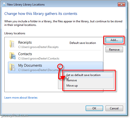 Adăugați un nou folder de bibliotecă sau setați un folder curent ca locație implicită