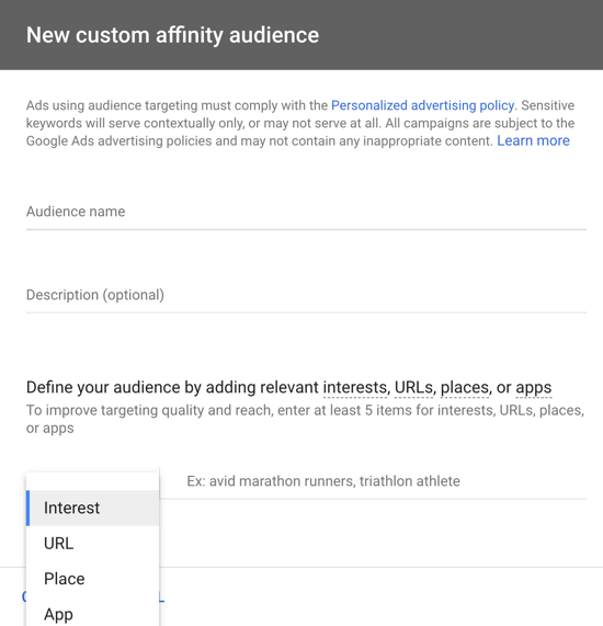 Cum să configurați o campanie publicitară YouTube, pasul 21, să creați un public cu afinitate personalizată