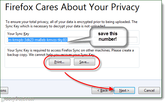 salvați-vă cheia de sincronizare firefox, foarte importantă