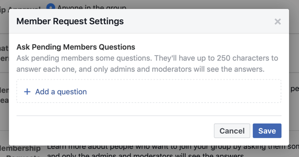 Cum să vă îmbunătățiți comunitatea de grup Facebook, exemplu de setări de solicitare pentru membrii grupului Facebook care să permită întrebări pentru membri noi