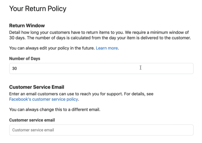 Exemplu de captură de ecran cu politica de returnare a magazinului de pe Facebook și e-mailul serviciului pentru clienți, care ar putea fi disponibile