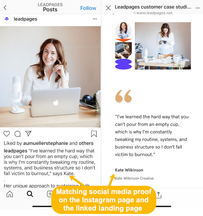 potrivirea poveștilor clienților pe feedul Instagram și pagina de destinație conectată