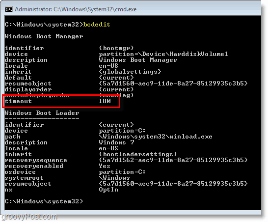 Captura de ecran de Windows 7 - verificarea setărilor bcdedit