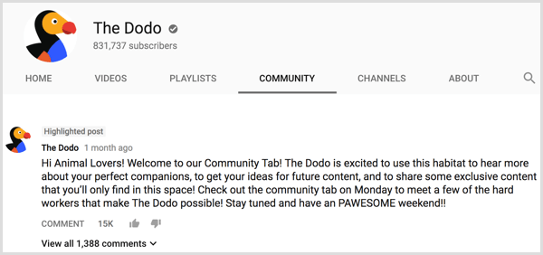 Postarea introductivă a filei Comunității canalului YouTube