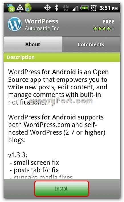 Wordpress pe ecranul de instalare Android