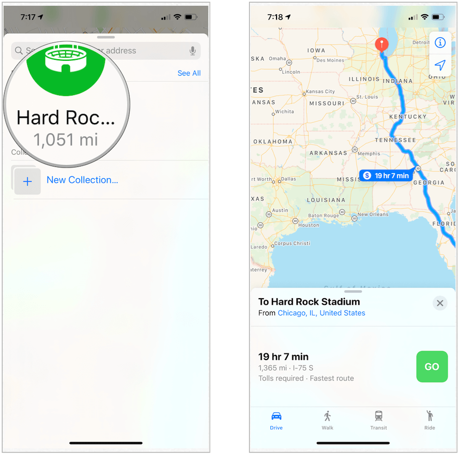 Ruta Apple Maps către favorite