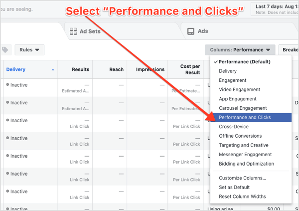 Selectați Performanță și clicuri din meniul derulant Coloane din Facebook Ads Manager.