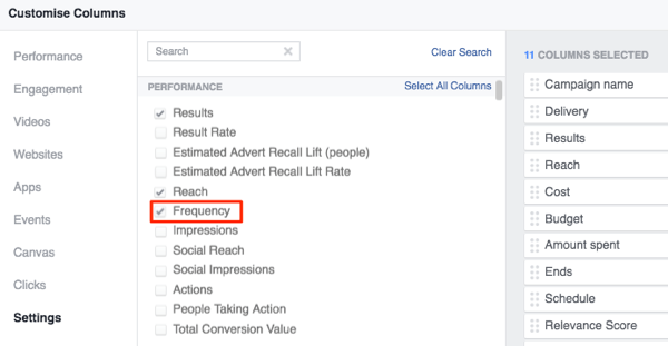 Managerul de anunțuri Facebook personalizează coloanele pentru a adăuga frecvență