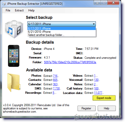 Extractor de backup pentru iPhone Selectați Backup