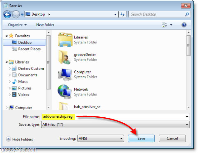 Captura de ecran de Windows 7 - salvați ca addownership.reg