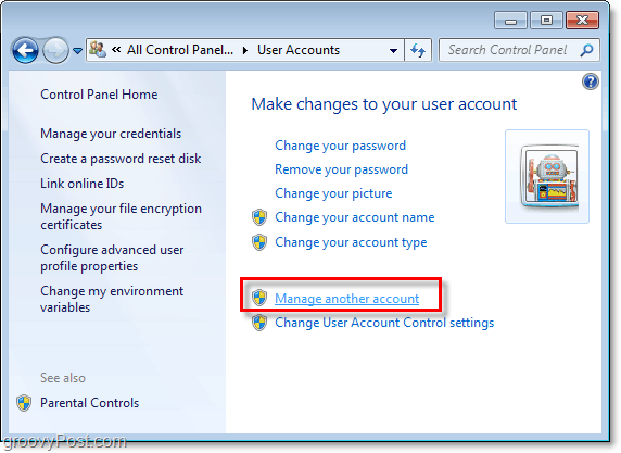faceți clic pe gestionați un alt cont din pagina de cont de utilizator Windows 7
