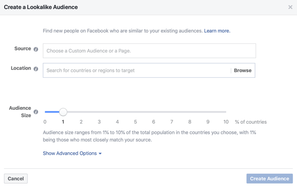 Opțiunea de a crea un public similar cu 1% pentru anunțurile dvs. de pe Facebook.