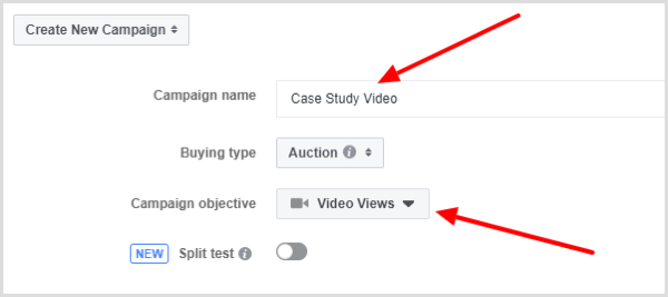 Selectați obiectivul Vizualizări video pentru campania dvs. publicitară pe Facebook.