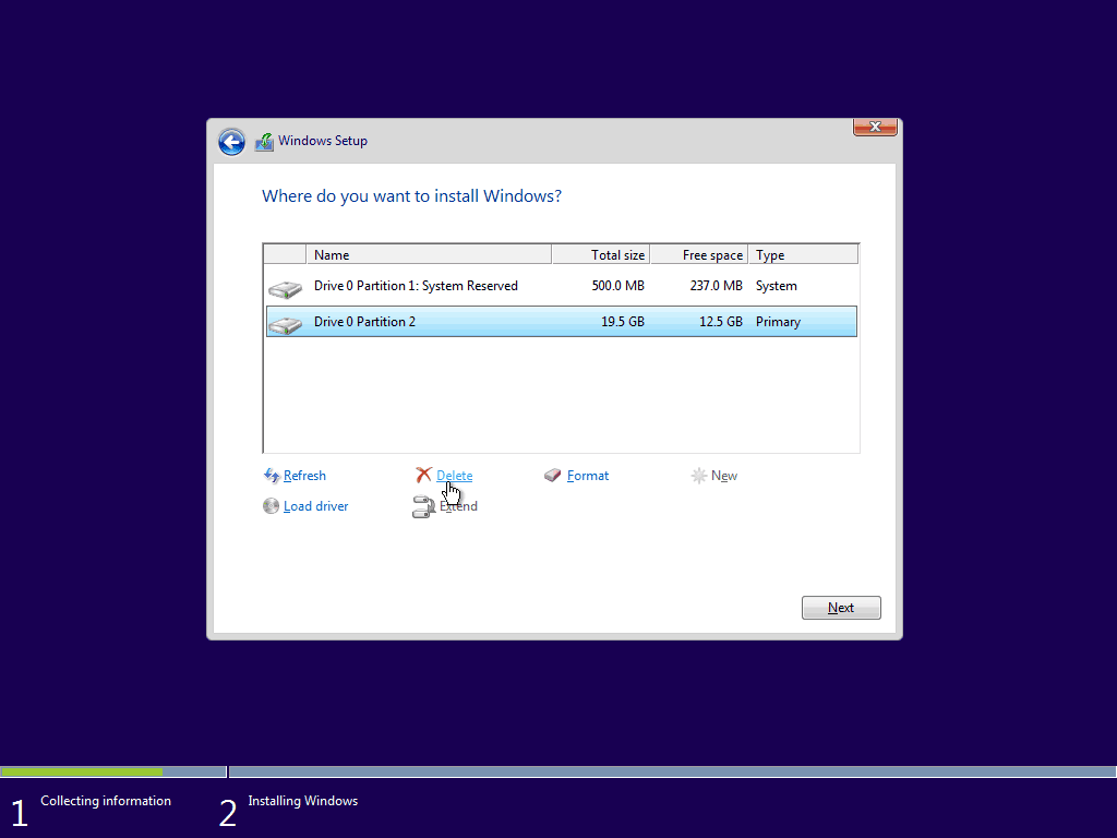 05 Ștergeți Windows 10 Partiție primară existentă Instalare curată