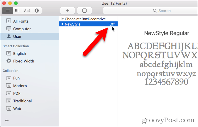 Fontul utilizatorului este dezactivat sau Dezactivat în Font Book