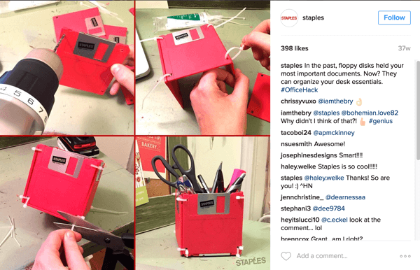 Acest colaj foto Instagram de la Staples arată un mod inteligent de a reface dischetele într-un accesoriu de birou.