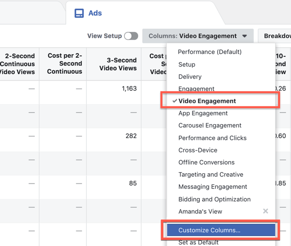 Personalizați coloanele raportului în Facebook Ads Manager.
