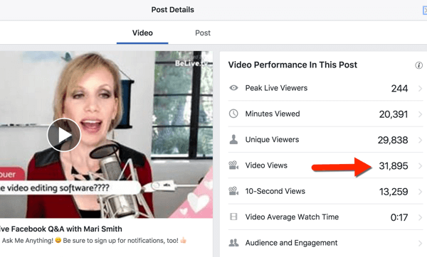 Valorile video sunt disponibile pentru administratorii de pagini atunci când faceți clic pe acoperirea totală sau în Insights.