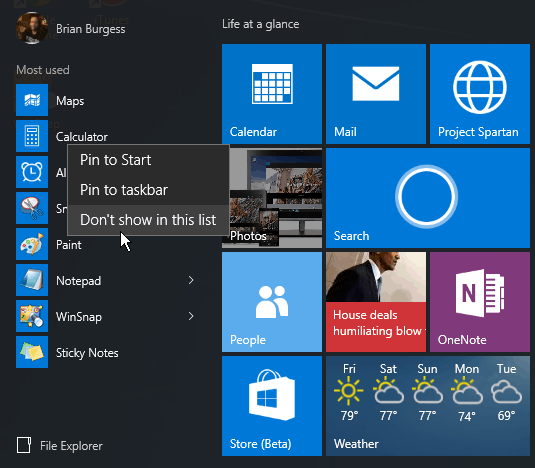 Meniul Start Windows 10