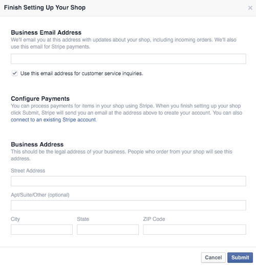 configurați detaliile afacerii și plății magazinului Facebook