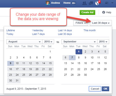 intervalul de date pentru raportul managerului de reclame facebook