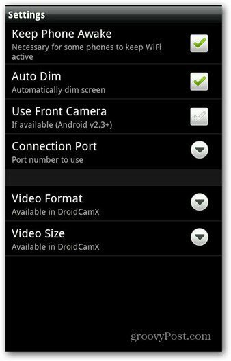 Setările aplicației DroidCam pentru Android