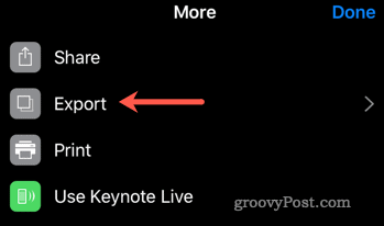Începeți procesul de export de la Keynote la PowerPoint pe iOS