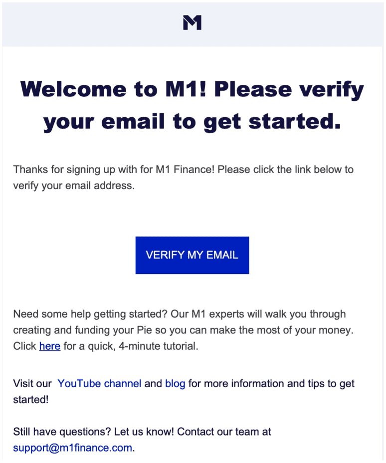 M1 Finance verifică e-mailul