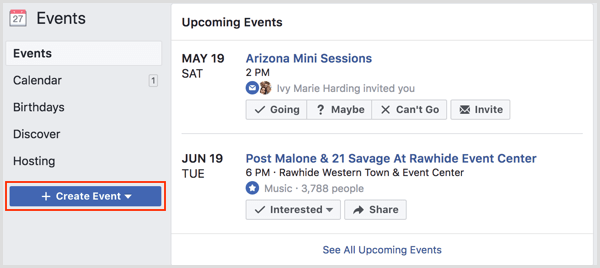 Butonul Creați eveniment pe pagina Evenimente Facebook