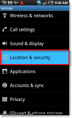 locație și meniu de securitate Android