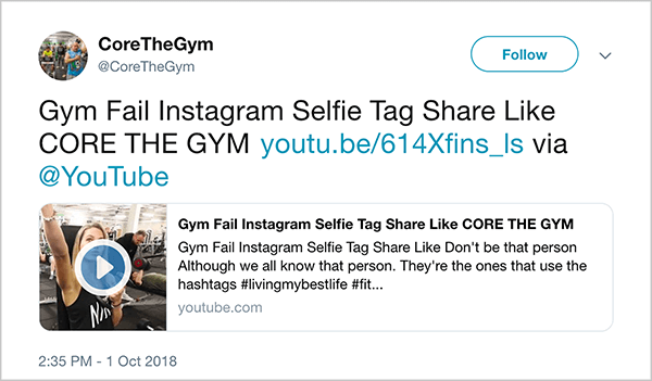Aceasta este o captură de ecran a unui tweet de la @CoreTheGym. Tweetul spune „Gym Fail INstagram Selfie Tag Share Like CORE THE GYM” și se leagă la un videoclip de pe YouTube. Descrierea videoclipului este „Nu fi ca persoana respectivă. Deși știm cu toții acea persoană. Ei sunt cei care folosesc hashtagurile #livingmybestlife ”. Link-ul pentru videoclip este youtu.be/614Xfins_ls.