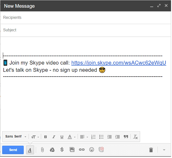 Faceți clic pe pictograma Skype din partea de jos a e-mailului pentru a adăuga un link de apel.