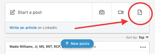 Postarea de partajare a documentelor LinkedIn, încărcarea documentului în pasul 1 al postării organice, adăugarea pictogramei de document nou
