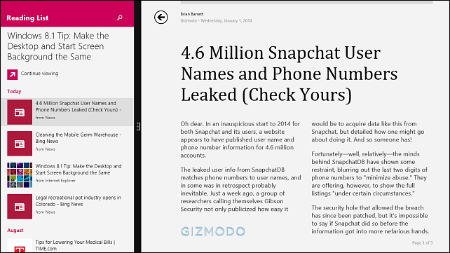 Aplicația Windows 8.1 Listă de citire colectează articole pentru a citi mai târziu