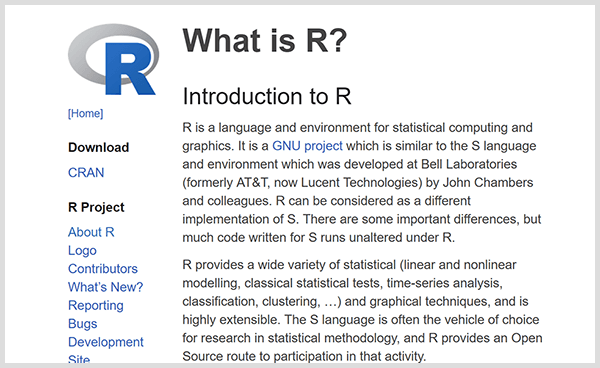 Construiți-vă propriile instrumente de analiză predictivă cu limbajul de programare R. Captură de ecran a paginii web de introducere R. 