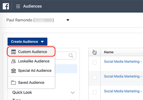 Opțiune Audiență personalizată în Audiențe Facebook